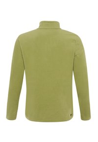 Pullover in fleece verde chiaro, con colletto alto e maniche lunghe, caratterizzato da una texture morbida. Nessun logo o motivo visibile.