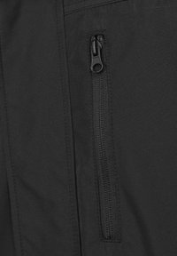 Black fabric jacket close-up featuring a zippered pocket with a durable zipper and smooth texture. Minimalist design with no visible patterns.
