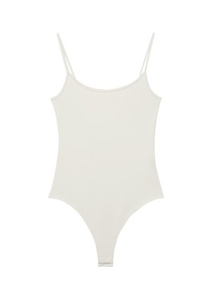 Body da donna color crema con sottili spalline a spaghetti e scollatura a U, progettato per una vestibilità aderente.