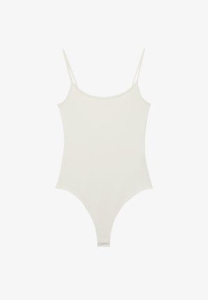Bodi za žene boje kreme s tankim naramenicama i dekolteom u obliku slova U, dizajniran za tijesno pristajanje.