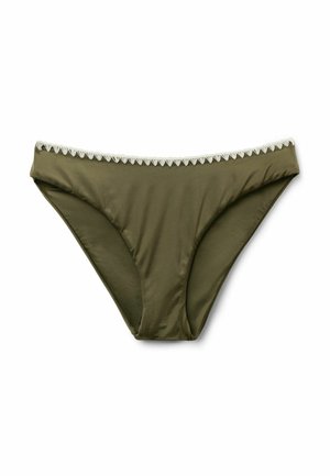 Olivengrøn bikiniunderdel med hvid bølget kant langs taljebåndet, lagt fladt på en hvid baggrund.