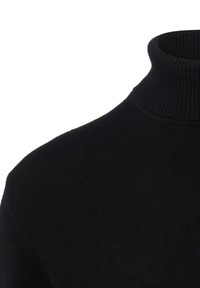 Schwarzer Rollkragenpullover mit einem gerippten Kragen und glatter Textur, der ein tailliertes Design ohne sichtbare Nähte oder Muster hervorhebt.
