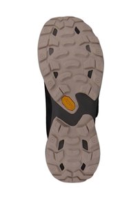 Czarna podeszwa buta z teksturowanym wzorem, w jasnoszarym kolorze i logo Vibram. Wyraźne wzory bieżnika poprawiają przyczepność i trakację.