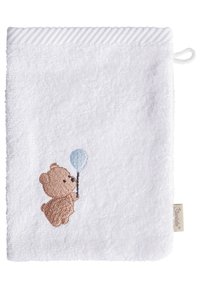 White terry cloth washcloth with embroidered brown bear holding a light blue balloon and a hanging loop on the corner.
