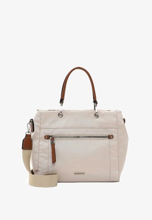 Beige stofhåndtaske med brune læderdetaljer. Har dobbelte tophåndtag, aftagelig skulderrem og lynlåslomme foran.