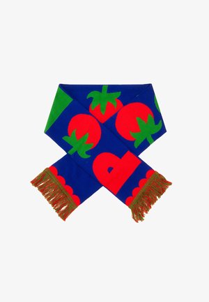 Szydełkowy szalik w niebieskim tle z dużymi wzorami czerwonych pomidorów i zielonymi akcentami. Wykończony frędzlami w zielonym kolorze.