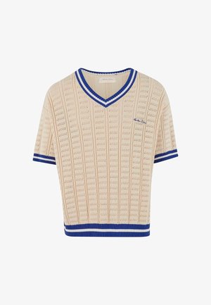 Strickpullover mit kurzen Ärmeln in Creme mit blauer gerippter V-Ausschnitt und Saum. Verfügt über ein strukturiertes, offenes Webmuster. Kleines Logo auf der Brust.