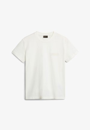 Biała bawełniana koszulka z okrągłym dekoltem, krótkimi rękawami i małą, w tonacji kolorystycznej kieszonką na piersi z wytłoczonym detalem logo.