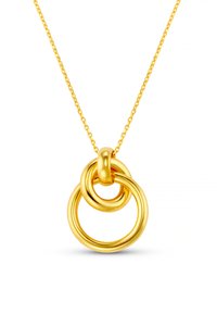 Χρυσό μεταλλικό κολιέ με διακοσμητικούς κρίκους που ενώνονται: δύο λείες, κυκλικές μορφές, μία μεγαλύτερη και μία μικρότερη, με γυαλιστερό φινίρισμα και λεπτή αλυσίδα.