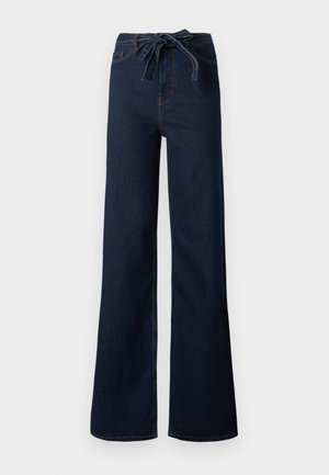 Mørkeblå viddeben jeans med høj talje, frontbånd og klassisk fem-lomme design.