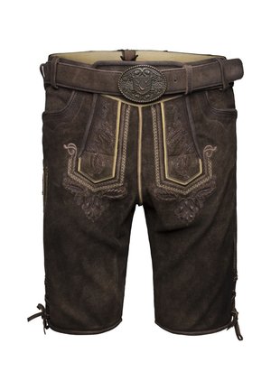 Bruna lädershorts med intrikata broderier på framsidan, dekorativt spänne, snedställda fickor och snörning vid kanten.