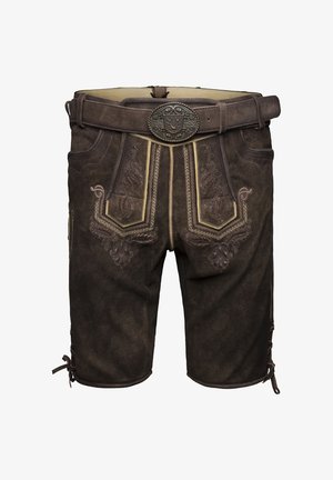 Shorts en cuir marron avec des broderies complexes sur le devant, une boucle décorative, des poches en biais et des lacets à l'ourlet.