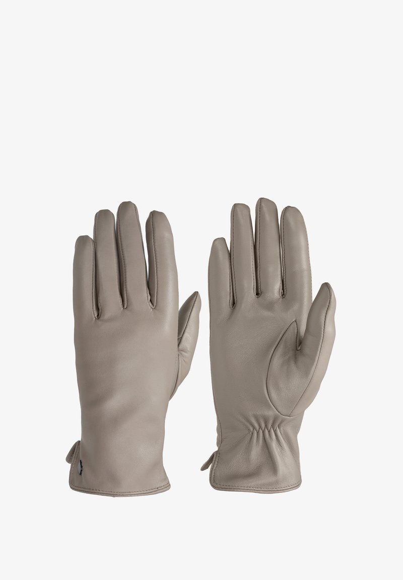 Pilki odiniai pirštinės su lygiu paviršiumi, pritaikytu dizainu ir susiraukšlėjusiu riešo detalėmis. Kiekviena pirštinė turi penkis pirštus ir sustiprintą nykštį.