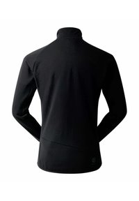 Schwarzer Pullover mit langen Ärmeln und hohem Kragen, glatter Textur und schlichtem Design. Verfügt über einen abgerundeten Saum und leichte Nahtdetails.