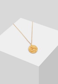 Guldvedhæng med en tekstureret cirkulær design med et dragemotiv, hængende på en snoet guld kæde.