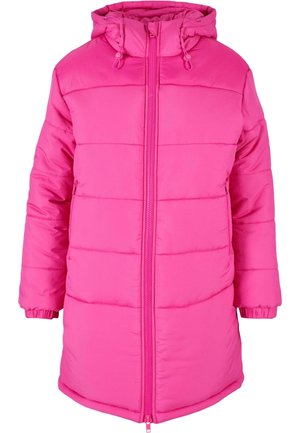 Pinker gepolsterter Mantel mit Reißverschluss vorne, einer Kordelzugkapuze und elastischen Bündchen. Die Oberfläche hat eine glatte Textur mit gesteppten Details.