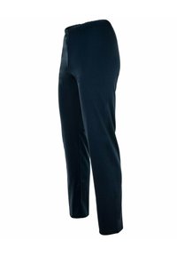 Donkerblauwe, elastische taillebandbroek van zachte stof. Rechtemodel met een gladde textuur en zonder zichtbare patronen of hardware.