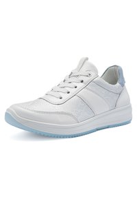 White leather sneaker with textured side panels, lace-up front, light blue padded heel, and light blue sole.
