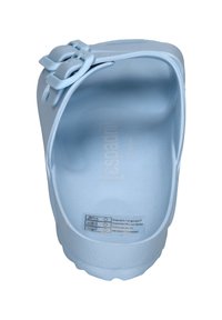 Light blue slide sandal with a textured surface, featuring a double buckle accent and a curved design on the footbed.