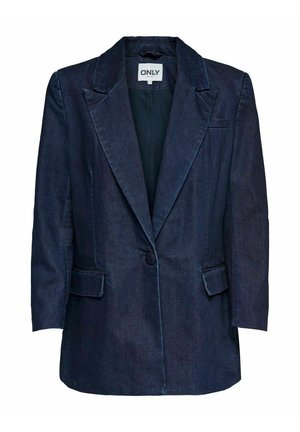 Mørkeblå blazer med en enkelt knap, brede revers, klaplommer, lange ærmer og "ONLY" mærke indeni kraven.