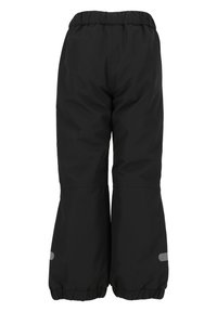 Pantalons de neige noirs imperméables avec une taille élastique, des poignets fuselés et des accents réfléchissants sur le bas des jambes. Tissu lisse et durable.