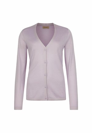 Helllila Damenstrickjacke mit langen Ärmeln, V-Ausschnitt und fünf Knöpfen vorne, gestrickter Stoff sowie gerippte Bündchen und Saum.