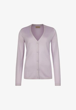 Helllila Damenstrickjacke mit langen Ärmeln, V-Ausschnitt und fünf Knöpfen vorne, gestrickter Stoff sowie gerippte Bündchen und Saum.