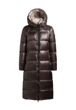 Lange, donzige donsjas in donkerbruin met een glanzende buitenkant, grote kap en rits aan de voorkant. Heeft gestikte panelen en elastische manchetten.