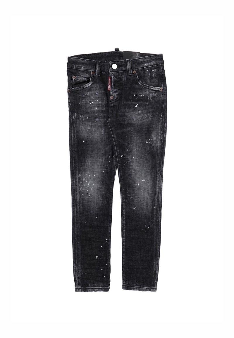 Jeans in denim neri con una vestibilità slim. Presentano dettagli strappati e macchie di vernice bianca. Design a cinque tasche con chiusura a bottone.