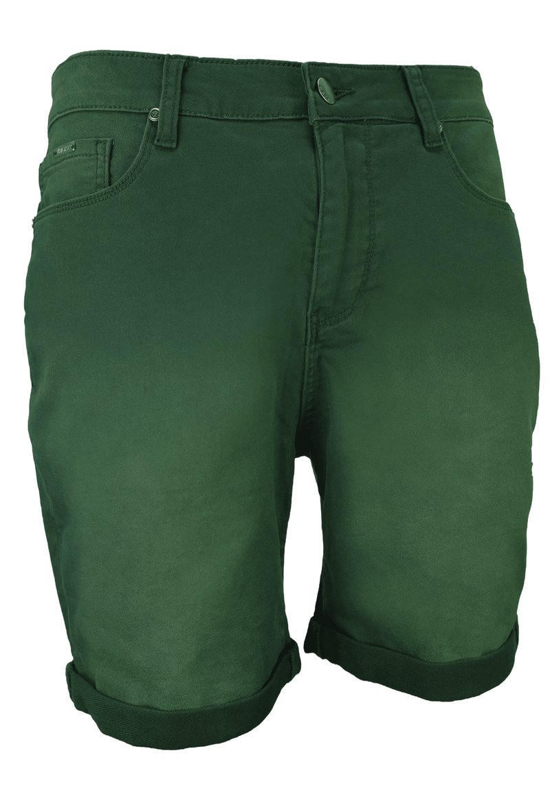 Shorts en coton vert avec une texture lisse, présentant un ourlet roulé, des poches avant et une fermeture à bouton à la taille.
