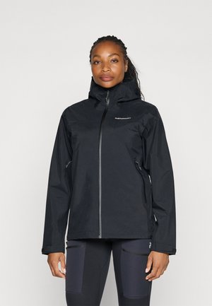 Black waterproof jacket with zip closure, high collar, and adjustable hood. Features side pockets and elastic cuffs for a secure fit.