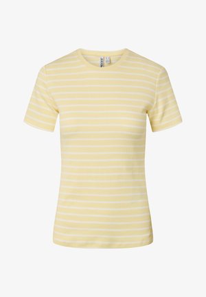 Dzeltena un balta horizontāli svītraina īsroku ribota T-krekls ar apaļu izgriezumu un piegulošu siluetu.