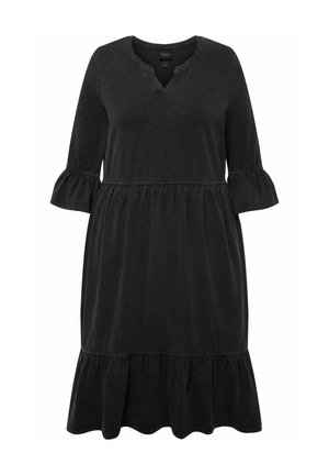 Zwarte katoenen jurk met driekwart volantmouwen, een V-hals en een gelaagde, uitlopende zoom; zachte textuur met een casual pasvorm.