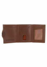Brown leather wallet with multiple card slots, subtle stitching, and a transparent ID window. Features 'CRED-SAFE' marking inside.