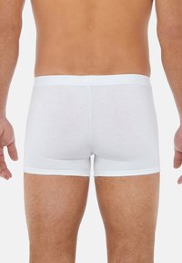 White cotton boxer briefs with a snug fit, featuring a seamless waistband and smooth texture, displayed from a rear view.