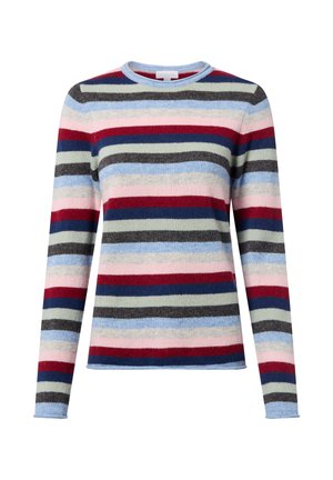 Gestreifter Langarmpullover mit horizontalen Linien in Rot, Marineblau, Grau, Pastellblau und Hellgrün. Weiches Strickmaterial mit Rundhalsausschnitt.
