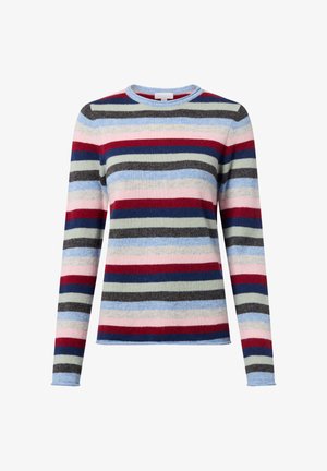 Gestreifter Langarmpullover mit horizontalen Linien in Rot, Marineblau, Grau, Pastellblau und Hellgrün. Weiches Strickmaterial mit Rundhalsausschnitt.