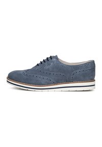 Men's blue suede oxford shoe with perforated detailing, round toe, white rubber sole, and navy laces. Features a contrasting brown trim.