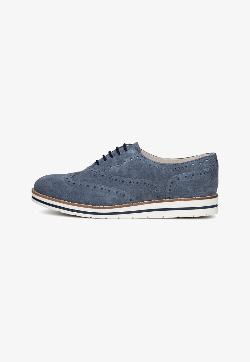 Men's blue suede oxford shoe with perforated detailing, round toe, white rubber sole, and navy laces. Features a contrasting brown trim.