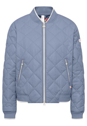 Gepolsterte Bomberjacke in Hellblau mit einem Reißverschluss vorne, geripptem Kragen und elastischen Bündchen. Verfügt über seitliche Taschen und kontrastierende weiße Akzente.