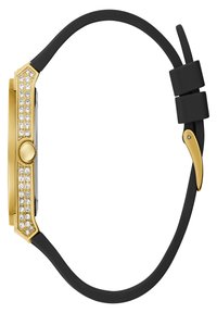 Goldfarbene Uhr mit rechteckigem Zifferblatt, verziert mit klaren Kristallen an der Seite; verfügt über ein schwarzes Silikonarmband mit goldfarbenen Hardware-Akzenten.