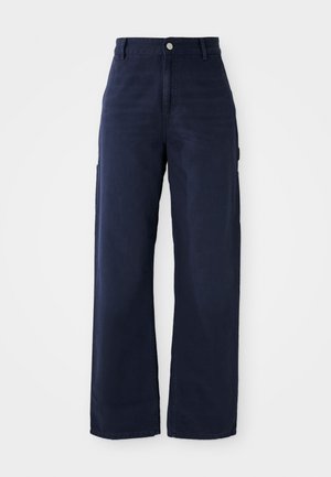 Navy blauwe wijde cargobroek van stevige katoen, met zijzakken en een knoopsluiting in de taille.