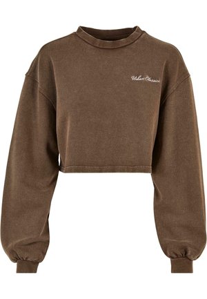Brun kort sweatshirt med hög krage, långa puffärmar och "Urban Classics" broderat i vitt på framsidan. Mjuk textur.