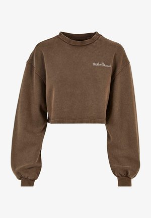 Brązowy skrócony sweatshirt z wysokim kołnierzem, długimi bufkami i białym haftem "Urban Classics" na przodzie. Miękka faktura.