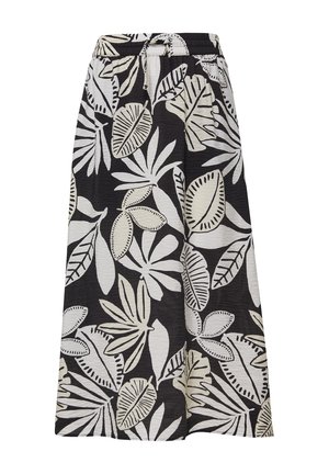 Zwarte stoffen rok met grote witte bladerenpatronen. Voorzien van een elastische tailleband met een strik. De textuur lijkt gekreukt of rimpelig.
