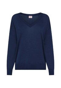 Maglione lavorato a maglia blu navy con scollatura a V, maniche lunghe e vestibilità ampia. Presenta una texture sottile e polsini e orlo a costine.