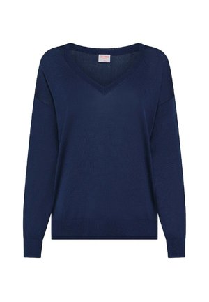 Maglione lavorato a maglia blu navy con scollatura a V, maniche lunghe e vestibilità ampia. Presenta una texture sottile e polsini e orlo a costine.