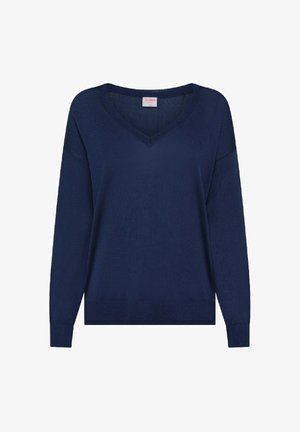 Maglione lavorato a maglia blu navy con scollatura a V, maniche lunghe e vestibilità ampia. Presenta una texture sottile e polsini e orlo a costine.