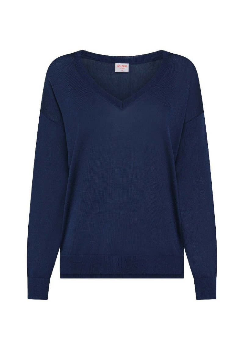 Maglione lavorato a maglia blu navy con scollatura a V, maniche lunghe e vestibilità ampia. Presenta una texture sottile e polsini e orlo a costine.
