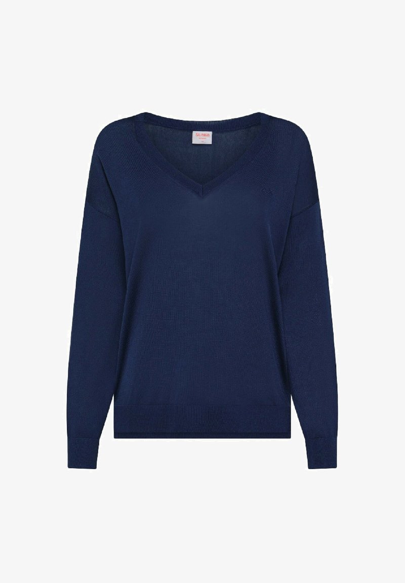 Maglione lavorato a maglia blu navy con scollatura a V, maniche lunghe e vestibilità ampia. Presenta una texture sottile e polsini e orlo a costine.